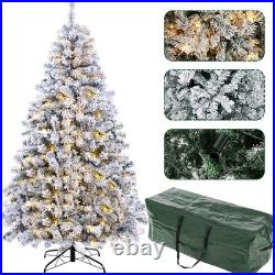 7.5ft Snow White Flocked Christmas Tree Pre-Lit Artificial Xmas Hinged Decor