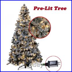 7.5ft Snow White Flocked Christmas Tree Pre-Lit Artificial Xmas Hinged Decor