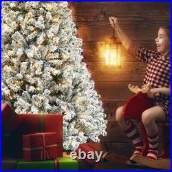 7.5ft Snow White Flocked Christmas Tree Pre-Lit Artificial Xmas Hinged Decor
