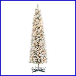 7 FT Artificial Christmas Tree Snowy Xmas Flocked Pre Lit Slim 250 White Lights