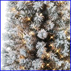 7 FT Flocked Frosted Pencil Artificial Pine Slim Christmas Tree Stay Lit Lights