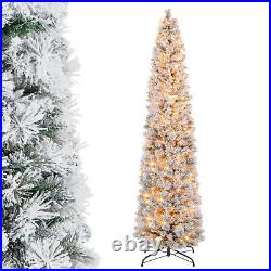 7 FT Pre-Lit Slim Christmas Tree Flocked Decoration with Pine Needles & Lights