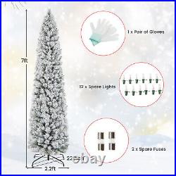 7 FT Pre-Lit Slim Christmas Tree Flocked Decoration with Pine Needles & Lights
