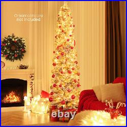 7 FT Pre-Lit Slim Christmas Tree Flocked Decoration with Pine Needles & Lights
