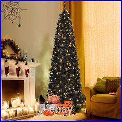 7 FT Pre-lit Black Christmas Tree Artificial PVC Slim Pencil Halloween Tree