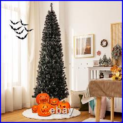 7 FT Pre-lit Black Christmas Tree Artificial PVC Slim Pencil Halloween Tree