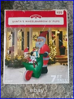 7 Foot Santa’s Wheelbarrow O’ Pups in Wheelbarrow Scene Airblown Inflatable