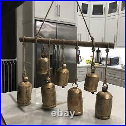 7 Large Gold Brass Metal Bells, Christmas Decoration Hanging Rope, Vintage Style