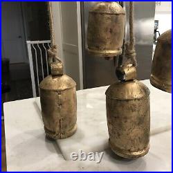 7 Large Gold Brass Metal Bells, Christmas Decoration Hanging Rope, Vintage Style