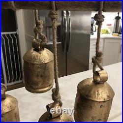 7 Large Gold Brass Metal Bells, Christmas Decoration Hanging Rope, Vintage Style