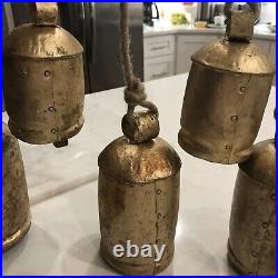 7 Large Gold Brass Metal Bells, Christmas Decoration Hanging Rope, Vintage Style