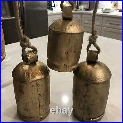 7 Large Gold Brass Metal Bells, Christmas Decoration Hanging Rope, Vintage Style