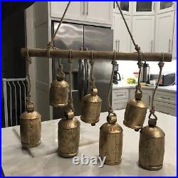 7 Large Gold Brass Metal Bells, Christmas Decoration Hanging Rope, Vintage Style