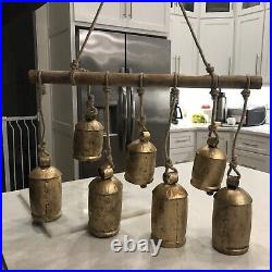 7 Large Gold Brass Metal Bells, Christmas Decoration Hanging Rope, Vintage Style