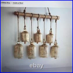 7 Large Gold Brass Metal Bells, Christmas Decoration Hanging Rope, Vintage Style