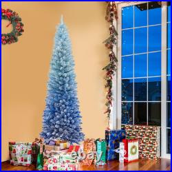 7 ft Snow Flocked Artificial Christmas Tree Pencil Slim Blue Tree with300 Lights