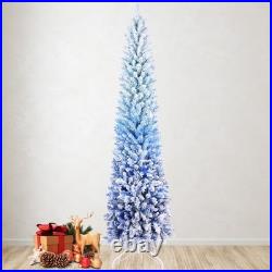7 ft Snow Flocked Artificial Christmas Tree Pencil Slim Blue Tree with300 Lights