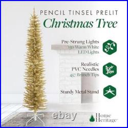 7ft Pre-Lit Tinsel Pencil Christmas Tree 150 LED Lights Durable Holiday Decor US 7ft Pre-Lit Tinsel Pencil Christmas Tree 150 LED Lights Durable Holiday Decor US