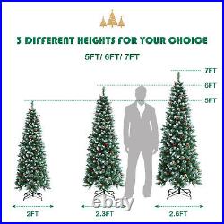 7ft Pre-lit Artificial Hinged Pencil Christmas Tree Decorated Snow Flocked Tips
