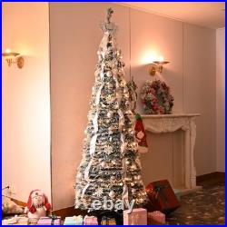 7ft Prelit Flocked Artificial Pop Up Christmas Tree Pull Up Tree&200Light Silver