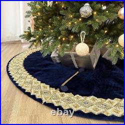 84-Inch Venetian Gilded Christmas Tree Skirt with Jeweled Gold Band and Butto