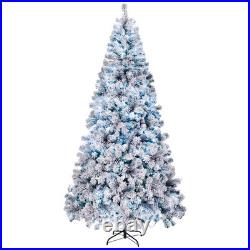 8FT Pre-lit Snow Flocked Christmas Tree Hinged Pine Tree 1300 Branch 500 Lights