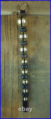 8 Classic SOLID BRASS SLEIGH BELLS DOOR HANGER LEATHER STRAP AMISH HANDMADE NEW