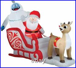 8' Gemmy Airblown Inflatable Rudolph Pulling Santa & Bumble In Sleigh Yard Decor