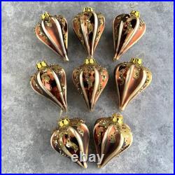 8 Jim Marvin Brown Amber Rust Beaded Teardrop Glass Ornaments 5.5 Set Taiwan