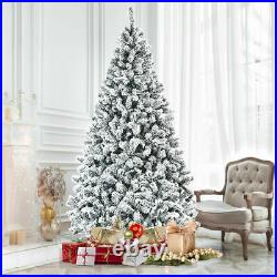 8ft Premium Snow Flocked Hinged Artificial Christmas Tree Unlit with Metal Stand