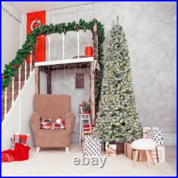 9FT Prelit Snow Flocked Slim Christmas Tree with Light Indoor Home Xmas Decor