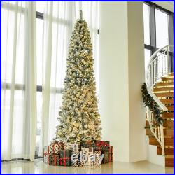 9FT Prelit Snow Flocked Slim Christmas Tree with Light Indoor Home Xmas Decor