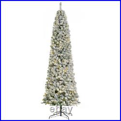 9FT Prelit Snow Flocked Slim Christmas Tree with Light Indoor Home Xmas Decor