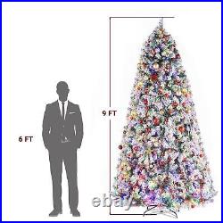 9Ft Pre-lit Artificial Christmas Tree Snow Flocked with Colorful 900 LED Lights