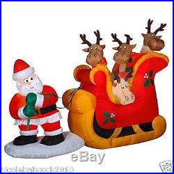 9′ by 6.7′ CHRISTMAS SANTA CLAUS PULLING SLEIGH WITH REINDEER LIGHTED YARD DECOR