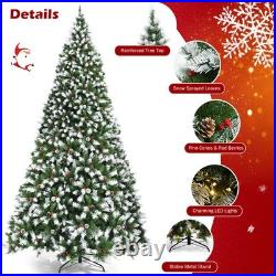 9 ft Pre-lit Snowy Christmas Tree 8 Lighting Modes 2058 Tips with Red Berries