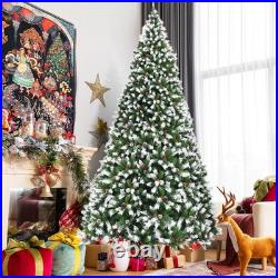9 ft Pre-lit Snowy Christmas Tree 8 Lighting Modes 2058 Tips with Red Berries