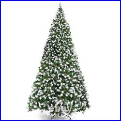 9 ft Pre-lit Snowy Christmas Tree 8 Lighting Modes 2058 Tips with Red Berries