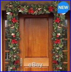 9ft (270cm) 90 LED Pre-Lit Poinsettia Red and Gold Christmas Garland