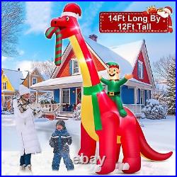 AMENON 12FT Giant Christmas Inflatables Santa Elf Ride Dinosaur Holding Candy
