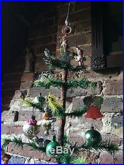 ANTIQUE VINTAGE 36 TALL GOOSE FEATHER CHRISTMAS TREE & 30 DECORATIONS