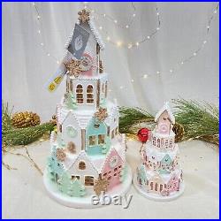 Abbot Light Up Christmas Pastel Gingerbread House Glitter & Snow LED Set of 2