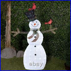 Alpine Corporation Mesh Snowman Decoration with Bird Accents and LED Lights Wh