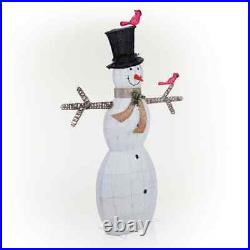 Alpine Corporation Mesh Snowman Decoration with Bird Accents and LED Lights Wh
