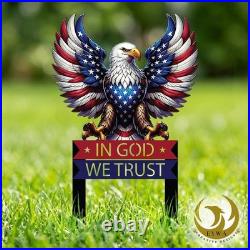 American Eagle Metal Yard Art, Patriotic Bald Eagle Garden Stake, USA Flag