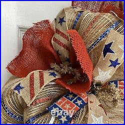 Americana Patriotic Ribbon Wreath Handmade Deco Mesh And Burlap