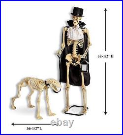 Animated Life-Size Standing Gentleman & Dog Halloween Skeleton Talks Growls #354