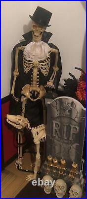 Animated Life-Size Standing Gentleman & Dog Halloween Skeleton Talks Growls #354