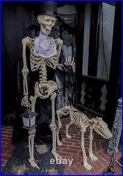 Animated Life-Size Standing Gentleman & Dog Halloween Skeleton Talks Growls #354