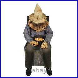 Animated Spooky Sitting Scarecrow On Chair Motion Sound Sensor Halloween Decor